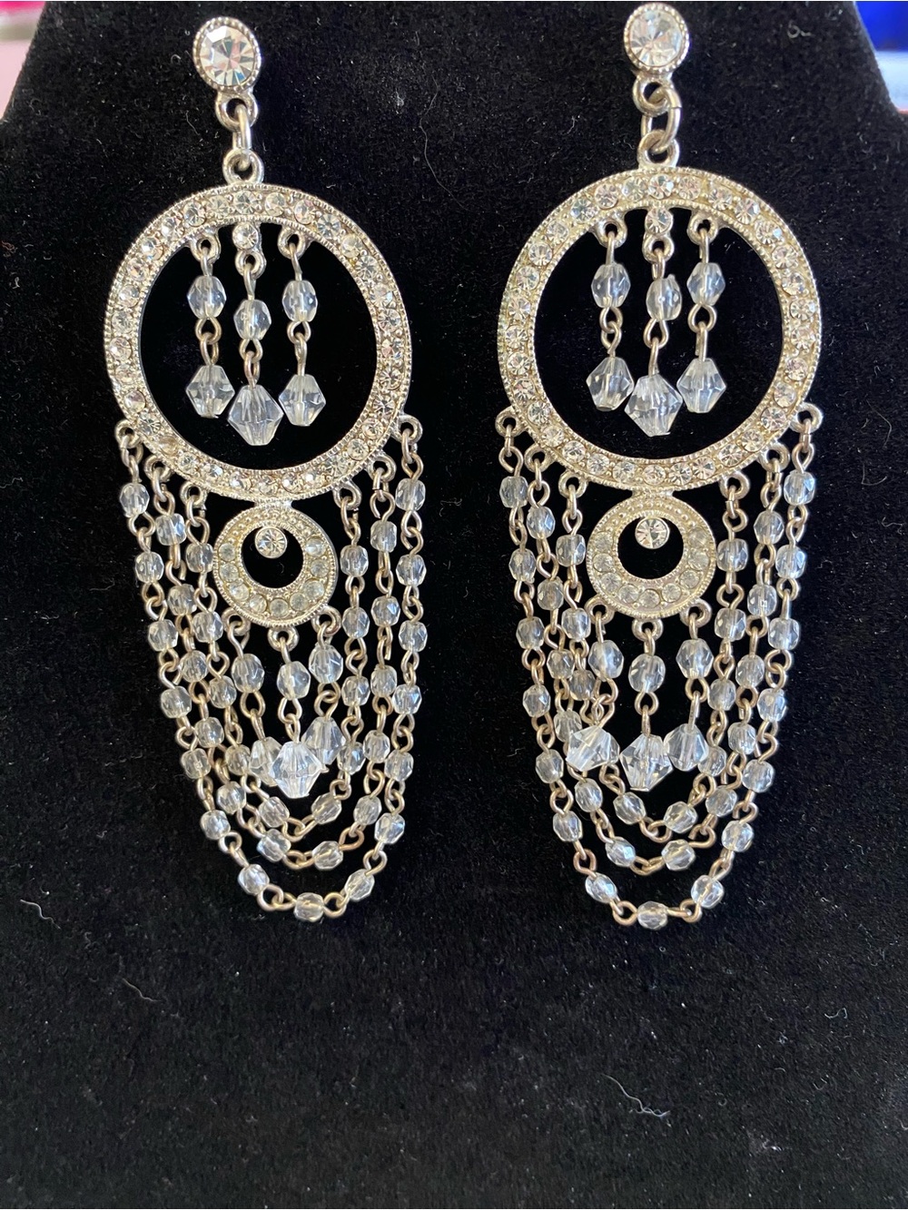 Chandelier Earrings Silver Tone Boho Rhinestone Crystal Beaded Dangle Drop Style